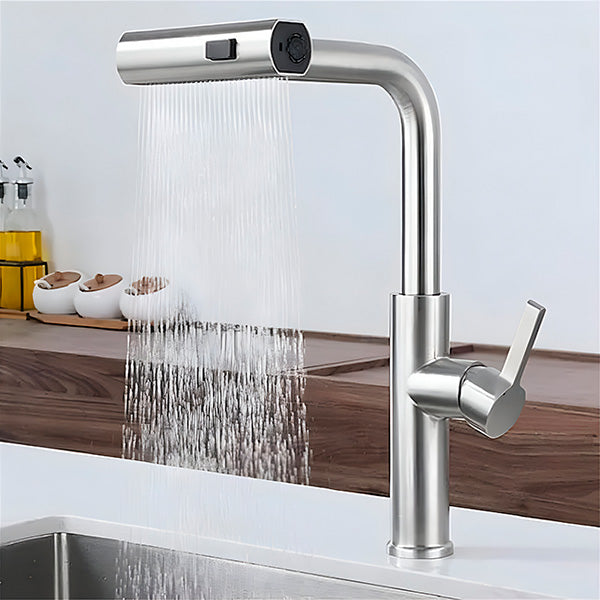 Robinet 360° Torrentia instalat pe robinet inox bucătărie modernă cu jet duș fin