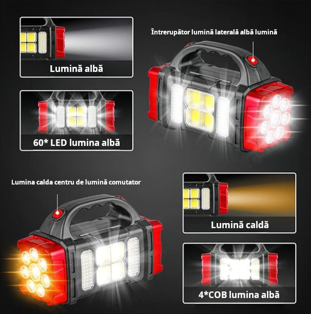 Lanternă LED Reîncărcabilă USB și Solară cu Mâner – 4 Funcții, 20x8.5x12cm