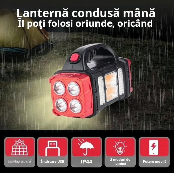 Lanternă LED Reîncărcabilă USB și Solară cu Mâner – 4 Funcții, 20x8.5x12cm