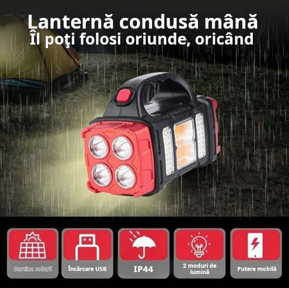 Lanternă LED Reîncărcabilă USB și Solară cu Mâner – 4 Funcții, 20x8.5x12cm
