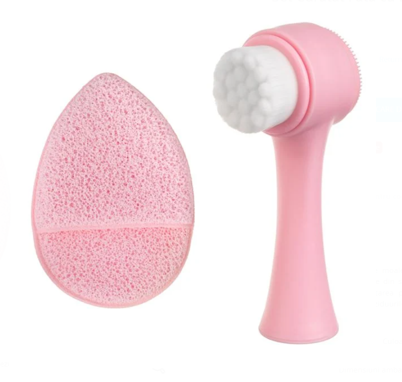 Set Curățare Față 3 Piese – 2 Perii și Burete Exfoliant