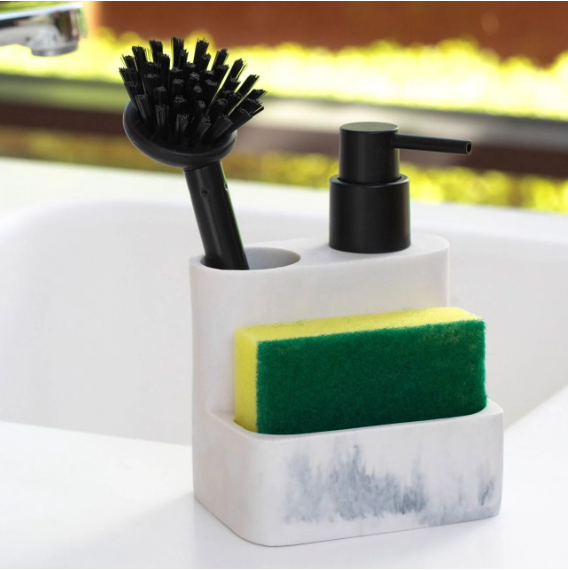 Suport Marble Burete de Bucatarie Perie & Dozator Detergent Lichid 11x8.5x15.5cm
