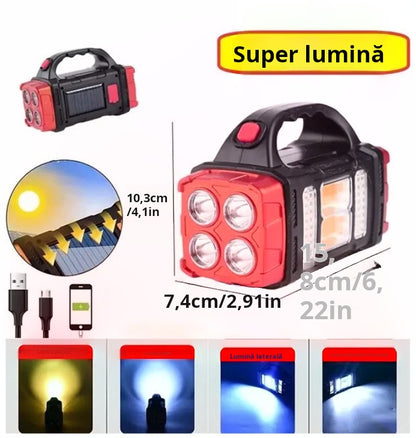 Lanternă LED Reîncărcabilă USB și Solară cu Mâner – 4 Funcții, 20x8.5x12cm