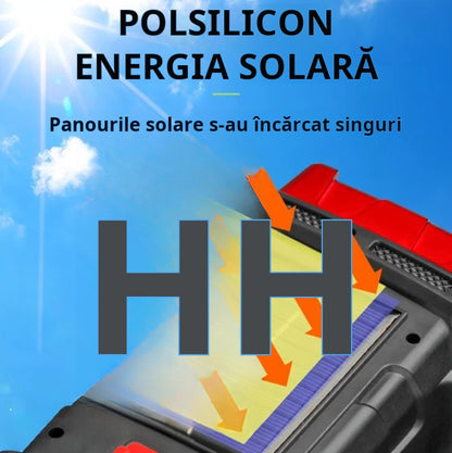 Lanternă LED Reîncărcabilă USB și Solară cu Mâner – 4 Funcții, 20x8.5x12cm